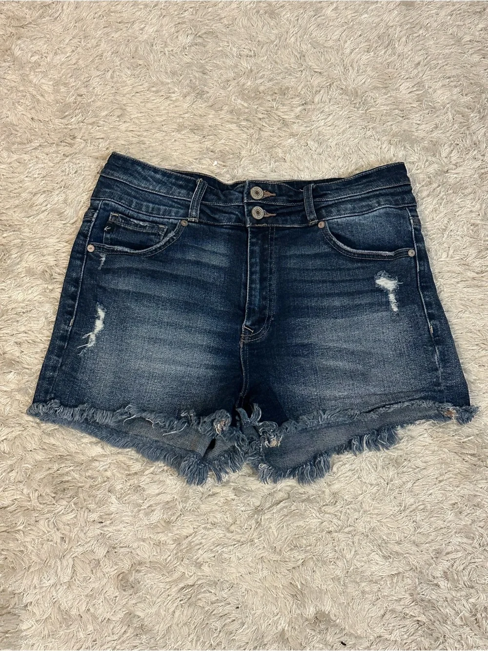 Kancan Dark Wash Frayed Hem Women's Shorts - Size 28